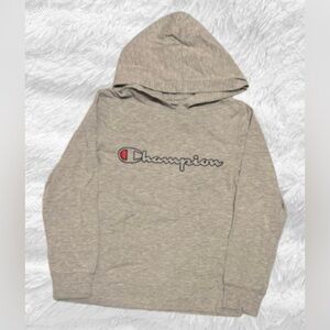 Boys Champion long sleeve hooded t-shirt, size small, gray
